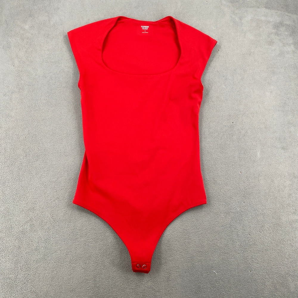 Express Body Contour High Compression Red Square Neck Cap Sleeve Bodysuit S